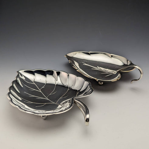British Vintage Silver Plate Leaf Shaped Dish Pair
